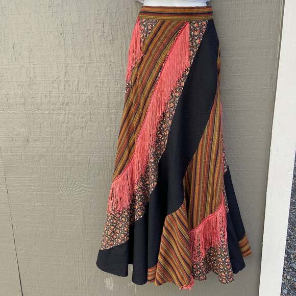 Handmade Dresses & Skirts - Handmade Vintage Style Boho Full Floral Skirt with Fringe